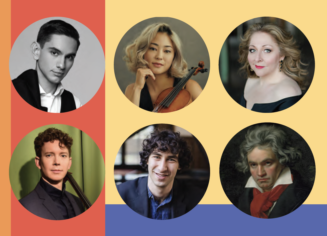 Left-to-right: Young man with dark hair and cleft chin, woman with blond hair holding a violin, glamorous woman in a gown, man with a cello resting on his shoulder, smiling younger man with curly dark hair, stern looking 19th century portrait.