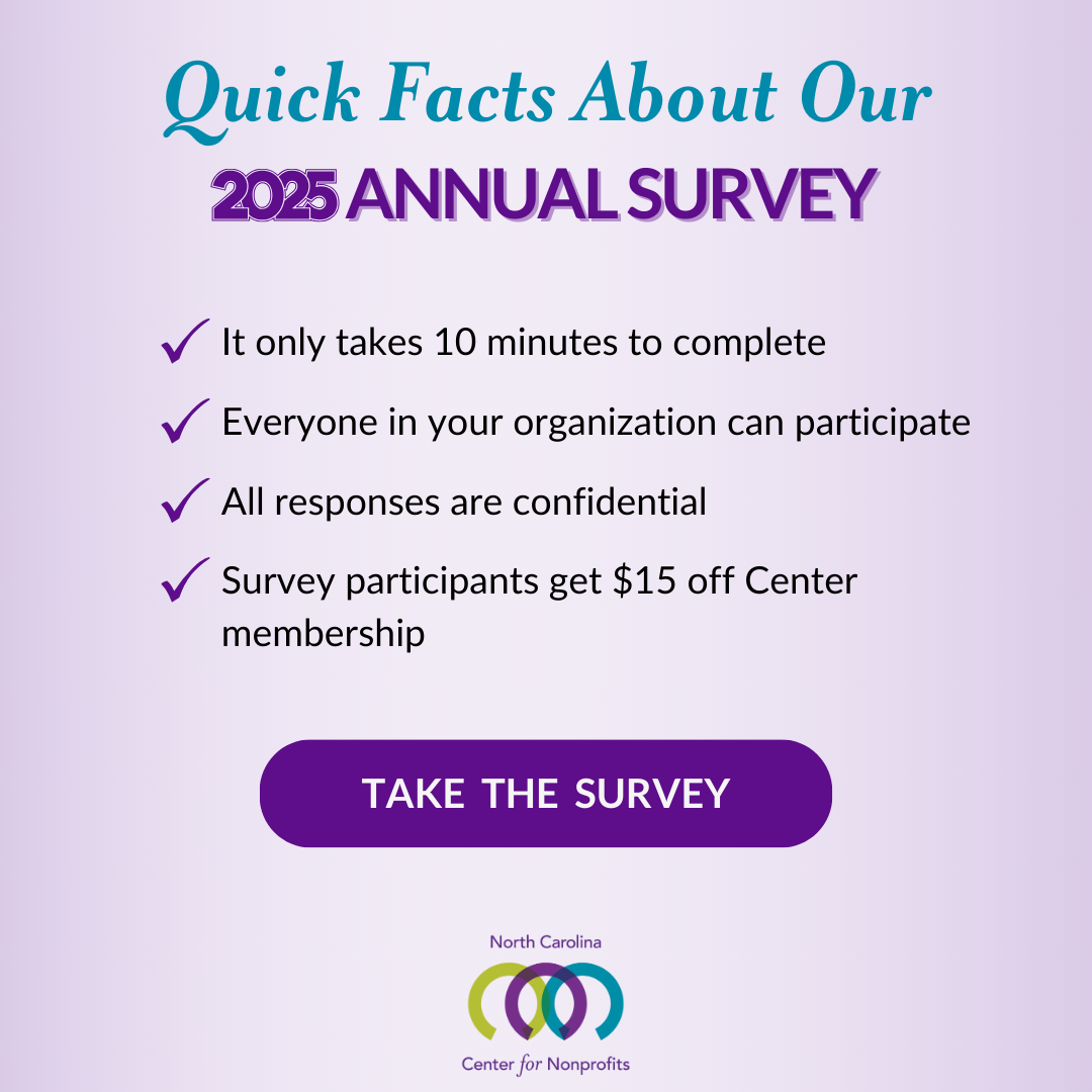 Purple checklist of quick facts about and invite to take the 2025 Annual Survey of the NC Center for Nonprofits.