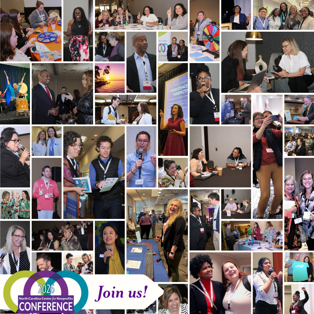 Collage of photos from past Conferences for NC Nonprofits. The conference logo and 'Join us!' appear in the bottom left corner.