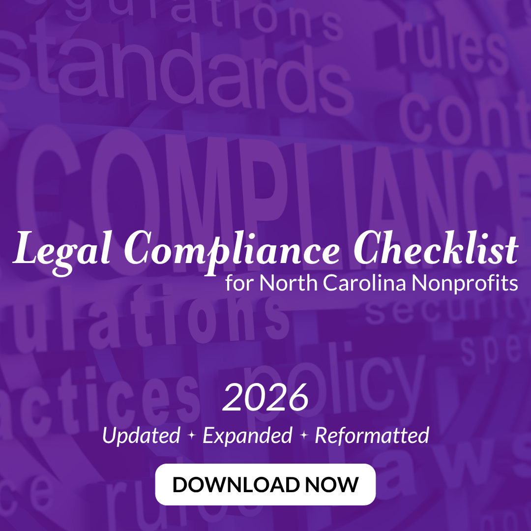 Purple background with a word cloud related to compliance. White text above a white 'Download Now' button reads 'Legal Compliance Checklist for North Carolina Nonprofits. Updated, expanded, reformatted for 2026.'