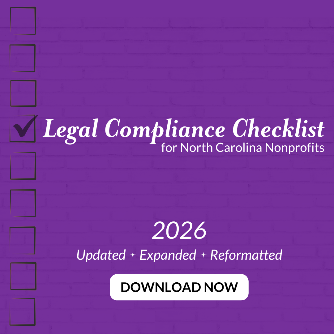 Purple lined sheet with checkboxes down the left side with one checked box beside Legal Compliance Checklist for North Carolina Nonprofits. Text describes the new 2026 edition that's updated, expanded, reformatted, and available for download.