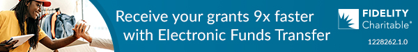 Promo for Fidelity Charitable EFT and grantmaking with image of one smiling woman looking at and holding an object also held by another arm that's reaching out.