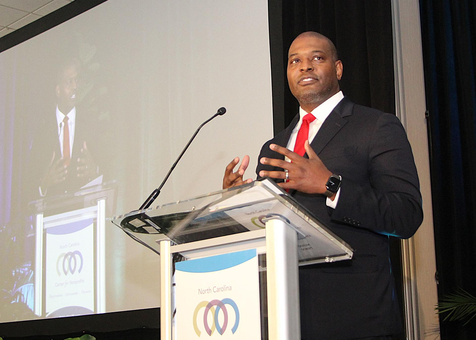 Michael Regan from Duke University’s Sanford School of Public Policy delivers a keynote address during the Conference for NC's Nonprofits.