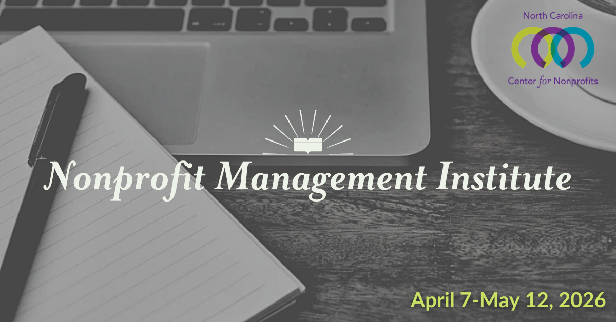 Close up of desk with lined notepad and black pen, laptop keyboard, and white teacup and saucer. Text promotes the Nonprofit Management Institute from April 7-May 12, 2026.