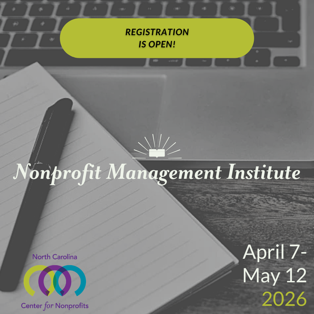 Close up of desk with lined notepad and pen and open laptop keyboard. Text promotes that registration is open for the Nonprofit Management Institute, April 7-May 12, 2026.