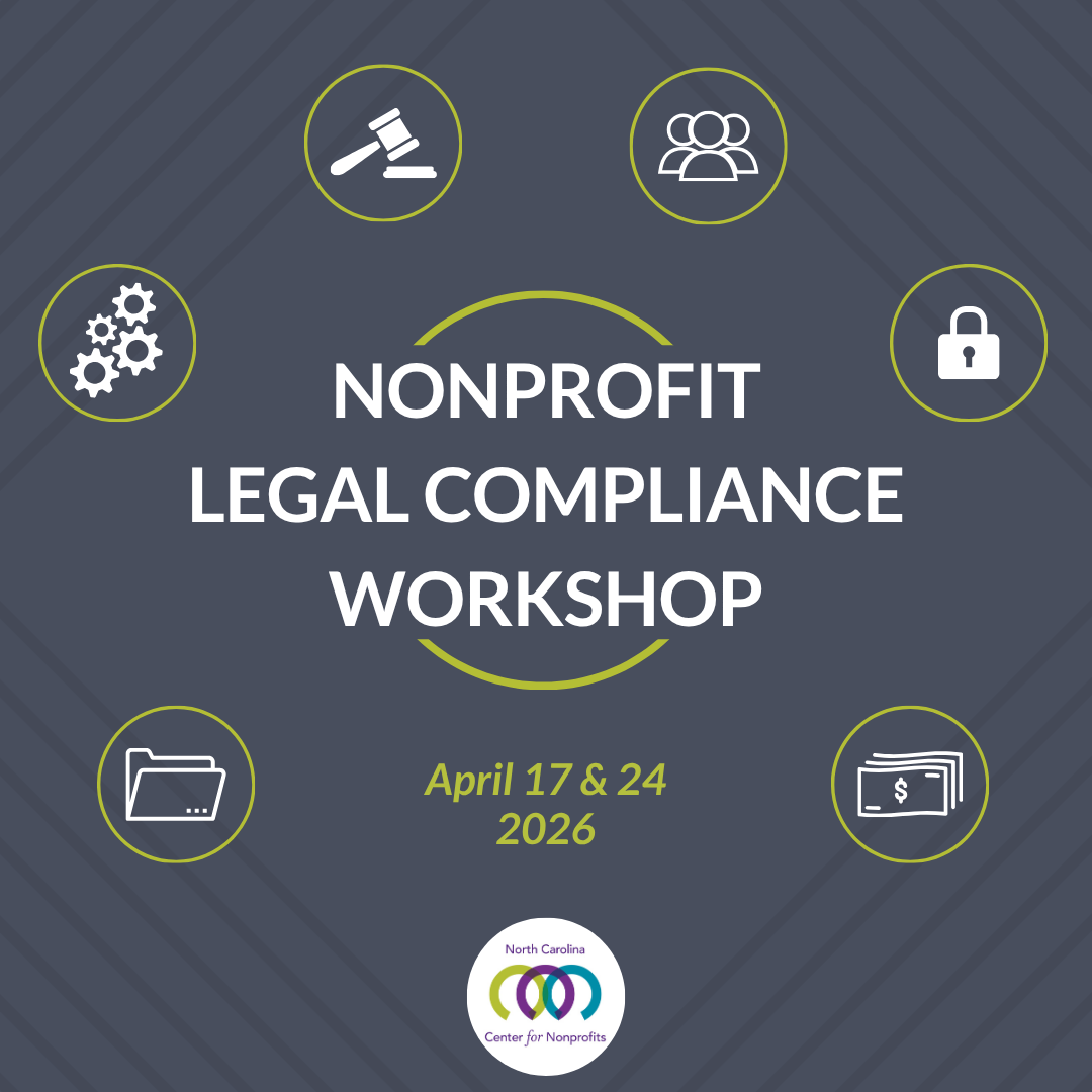 Legal and compliance icons floating around the workshop title 'Nonprofit Legal Compliance Workshop' on April 17 & 24, 2026.