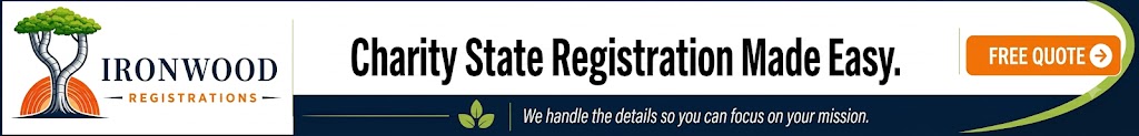 Advertisement for Ironwood Registrations, offering 'Charity State Registration Made Easy' and a free quote.