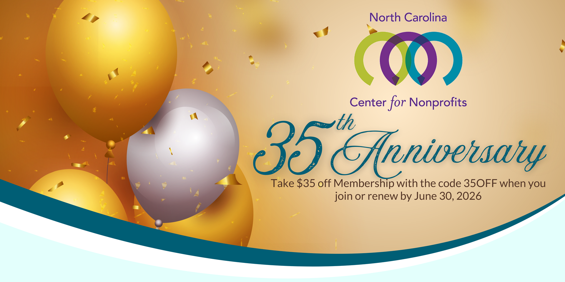 Image of gold and silver balloons and shiny gold confetti alongside the logo of the NC Center for Nonprofits in celebration of its 35th anniversary and campaign for membership discounts.
