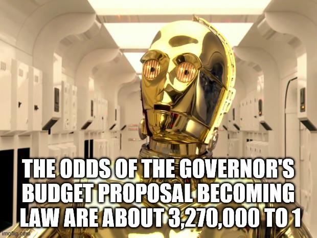 Close up of Star Wars movie character C3PO standing in a long white-walled corridor. Meme text reads: The odds of the governor's budget proposal becoming law are about 3,270,000 to 1.
