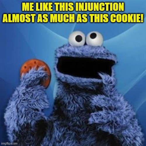 Sesame Street TV show character Cookie Monster holding a chocolate chip cookie. Text reads 'Me like this injunction almost as much as this cookie!'