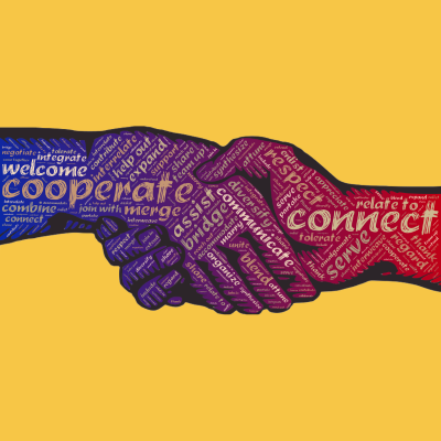 Two hands in a handshake and composed of a multicolored word cloud based on 'cooperate' and 'connect'.