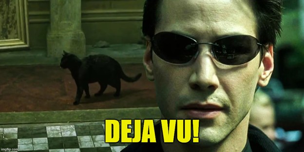 Close up of movie character Neo from 'The Matrix' in sunglasses with a black cat arching its back in the background. Text reads 'Deja vu!'
