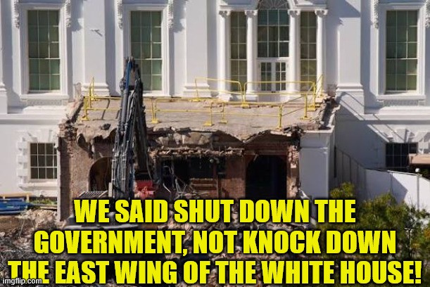 Photo of the destroyed East Wing of the U.S. White House being torn down by construction vehicles. Text reads 'We said shut down the government, not knock down the East Wing of the White House!'