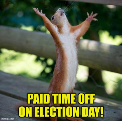 Photo of a brown squirrel standing on its hind legs with its little arms raised up in the air and its head thrown back. Meme text reads 