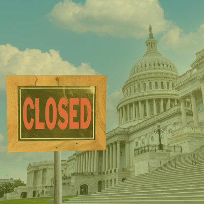Washed out photo of the United States White house with prominent cracked sign in the forefront that reads 'CLOSED' in bold, red letters.