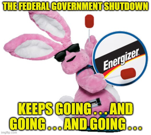 Meme of the pink mechanical bunny wearing sunglasses and blue flip-flops beating a bass drum with the Energizer logo. Text reads 'The federal government shutdown keeps going...and going...and going...'