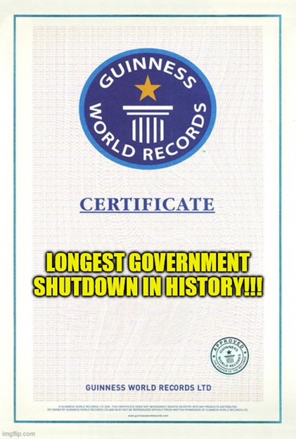 Certificate of Guinness World Records jokingly for the longest government shutdown in history