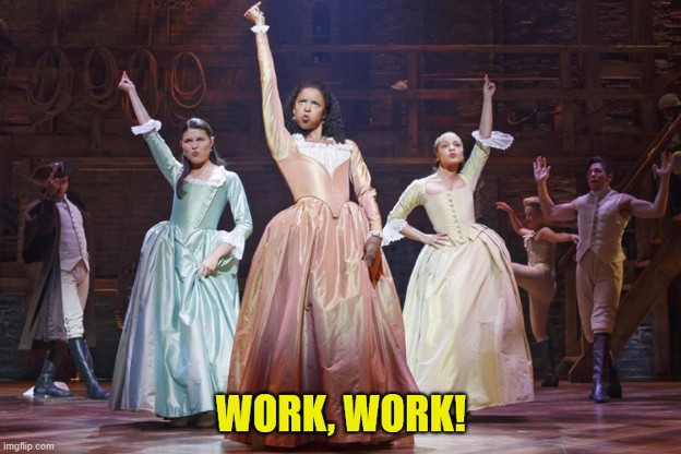 An image depicting the performance of the song 'The Schuyler Sisters' from the Broadway musical 'Hamilton'.