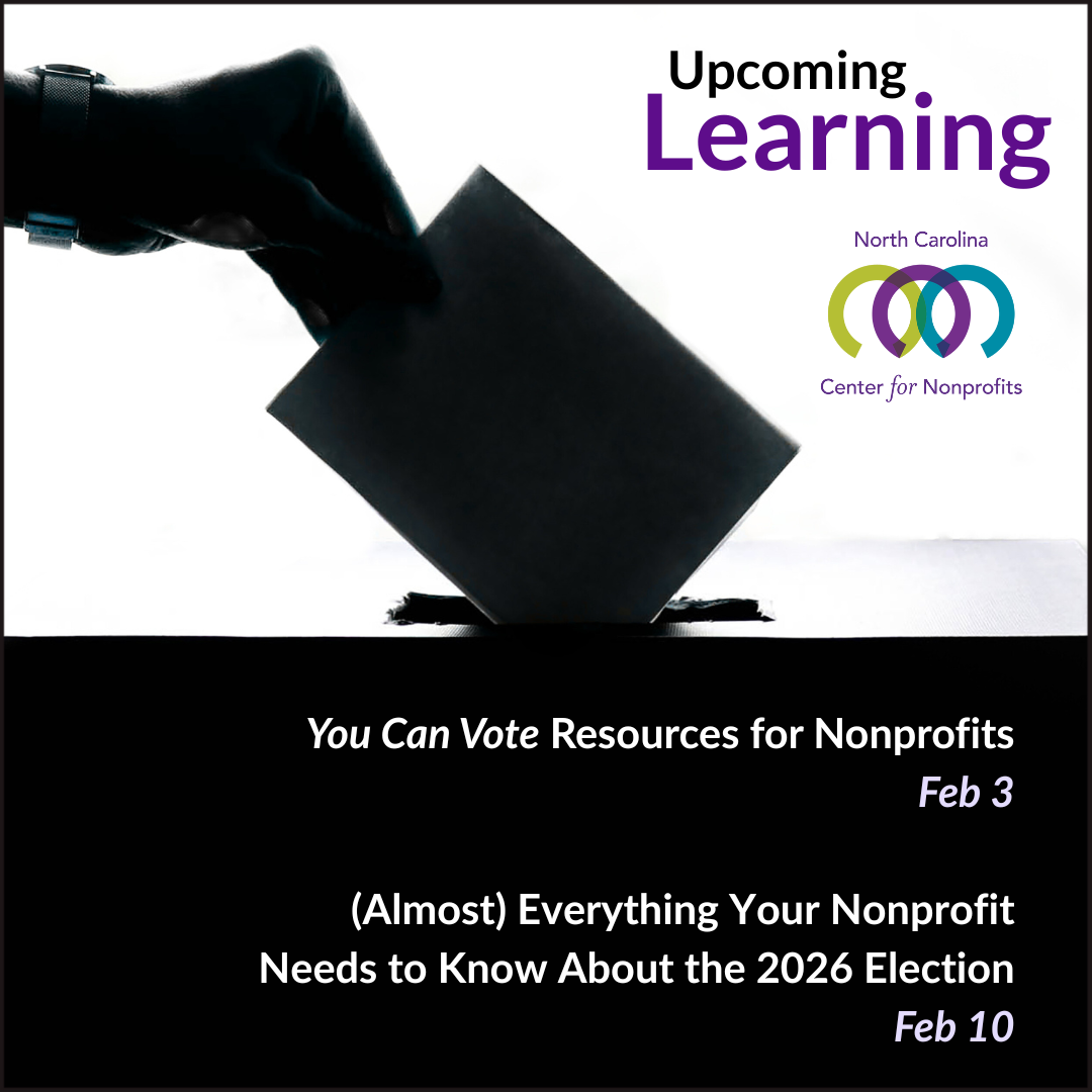 Black and white image of a hand reaching out to drop a ballot in a ballot box. Text lists upcoming February learning about voting and election resources for nonprofits.