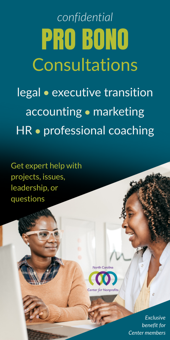 Two women meeting with laptop in between them. Text describes programs and topics to cover during 'Confidential Pro Bono Consultations'.