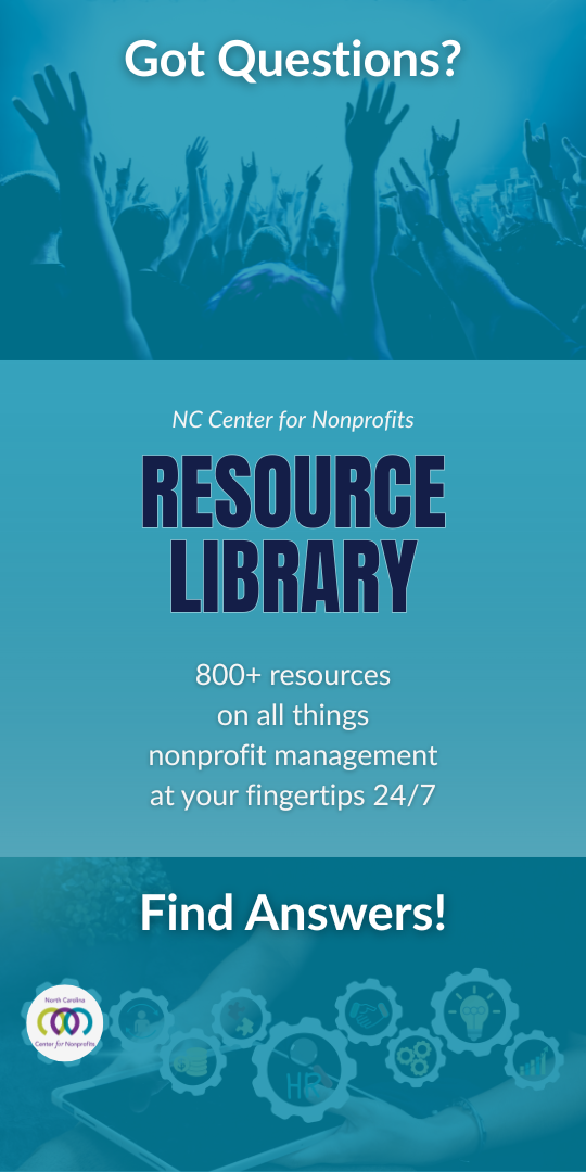 Top photo of many hands raised high in the air and bottom photo of tablet with floating digital resources around it. Text 'Got Questions? Find Answers!' and description of resources in the NC Center for Nonprofits' Resource Library.