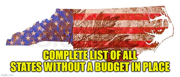 The state of North Carolina colored in with the U.S. flag. Text reads 'Complete list of all states without a budget in place.'