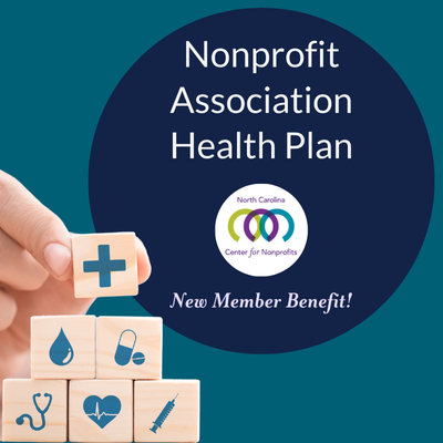 Close up on fingers stacking wooden blocks, each with a healthcare-related icon. Text reads 'Nonprofit Association Health Plan - New NC Center for Nonprofits member benefit!'