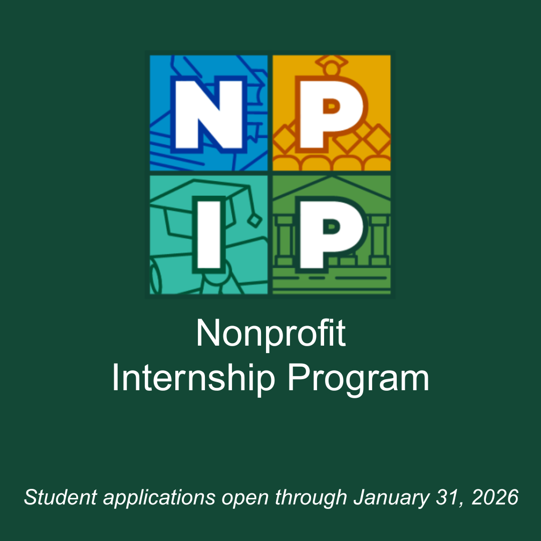 Dark green graphic with logo of the Nonprofit Internship Program (NPIP) sponsored by NC Network of Grantmakers.
