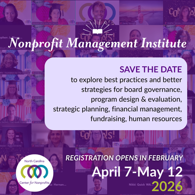 Screenshot of the most recent Nonprofit Management Institute graduation with text promoting a save-the-date for the upcoming Spring 2026 cohort.