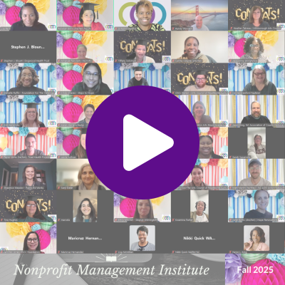 Screen shot of the Nonprofit Management Institute on graduation day behind a video play button.