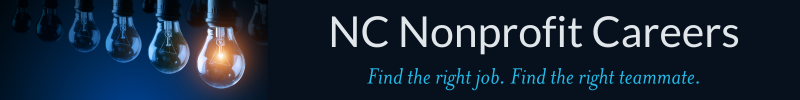 Unlit lightbulbs lined up from the distance and coming in closer and closer to the first lightbulb which is lit. Text reads 'NC Nonprofit Careers. Find the right job. Find the right teammate.'