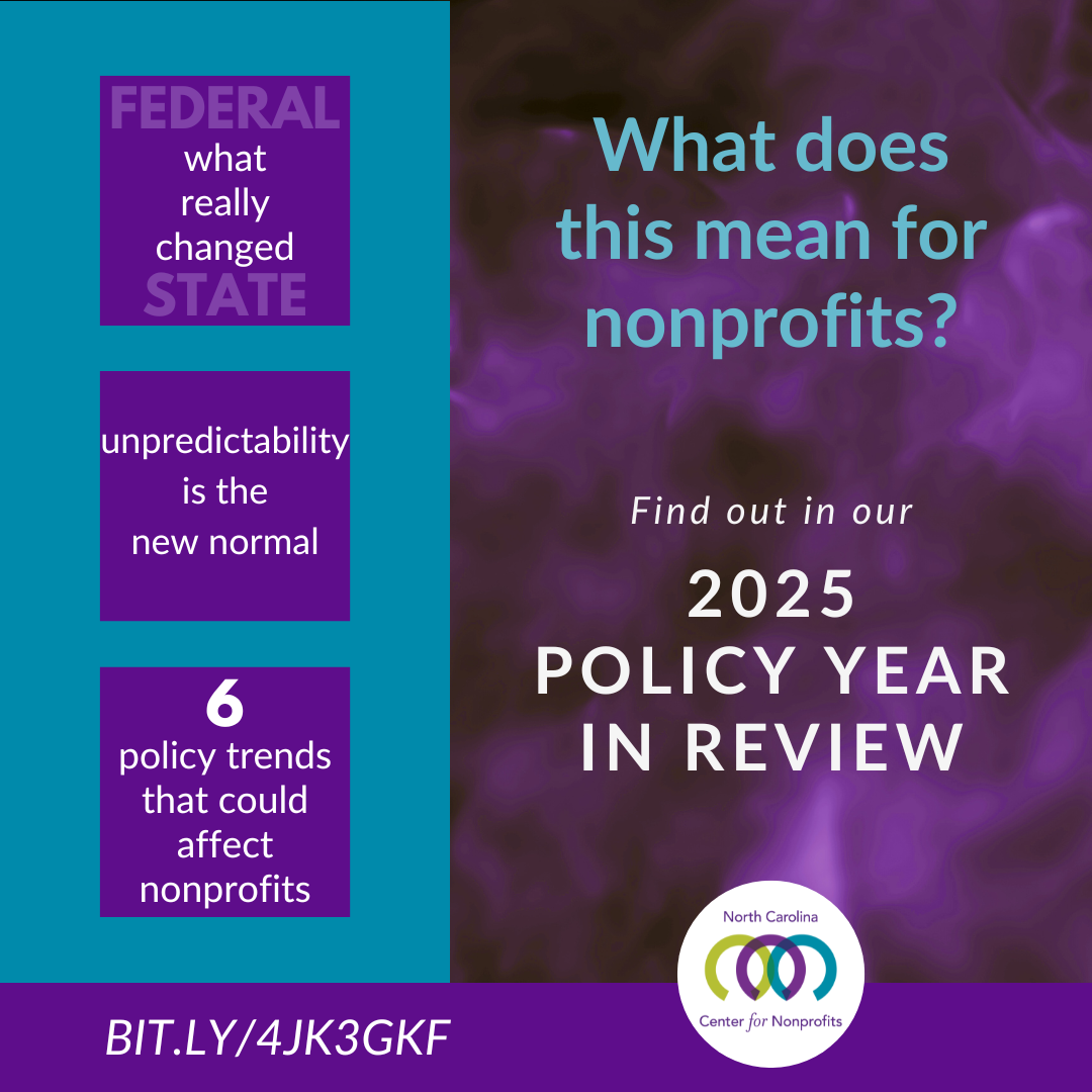 Purple smoke swirling in a dark space beside boxes with 3 takeaways from the 2025 Nonprofit Policy Year in Review.