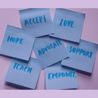 Several blue sticky notes arranged around each other, each with a separate word related to respecting personal histories and lived experiences: accept, love, support, empower, teach, hope, advocate.