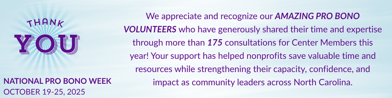 Sky blue background with purple 'Thank You' graphic in front of a blue starburst. Text recognizes volunteers in the North Carolina Center for Nonprofits pro bono consultation program.