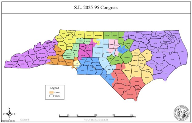 Map of proposed new congressional districts in North Carolina.