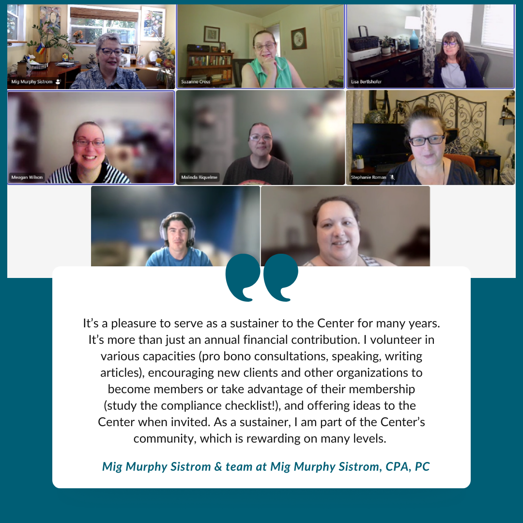 Screenshot of an online meeting with eight participants. Graphic of quotation marks is above a testimonial about why Mig Murphy Sistrom is a sustainer of the NC Center for Nonprofits.