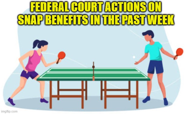 Cartoon meme of two figures playing table tennis. Text reads 'Federal court actions on SNAP benefits in the past week.'
