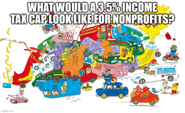 Richard Scarry illustration of a choatic yet colorful road traffic pile-up. Text reads 'What would a 3.5% income tax cap look like for nonprofits?'