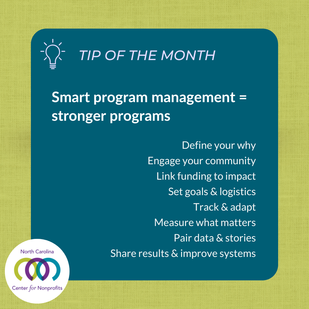 Green and teal graphic with lightbulb icon. Text reads ‘Tip of the Month: Smart program management = stronger programs