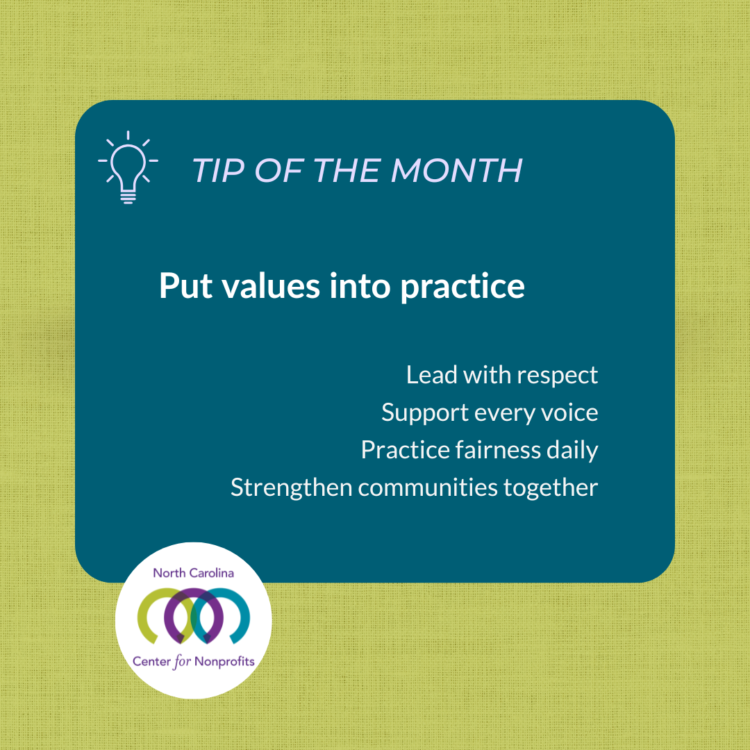 Green and teal graphic with lightbulb icon. Text reads ‘Tip of the Month: put values into practice.''