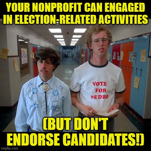 Meme of 'Napoleon Dynamite' movie characters Pedro and Napoleon, wearing a 'Vote for Pedro' tshirt, with text that reads, 